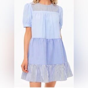 English Factory Cotton Light Blue Swing Dress with Striped Trim, size Medium